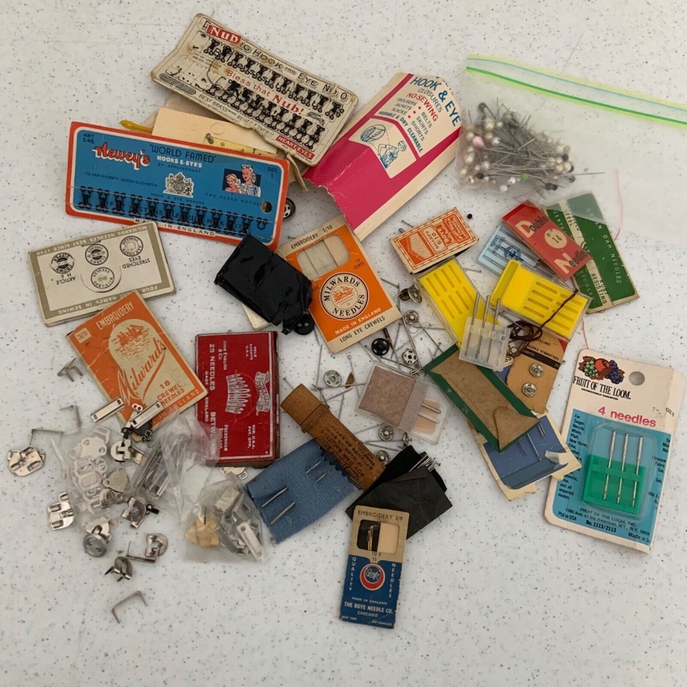 Vintage Loose Sewing Supplies Needles Hooks and Eyes & More